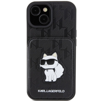 Husa pentru Apple iPhone 15, Karl Lagerfeld, Saffiano Cardslots and Stand Monogram Choupette, Neagra