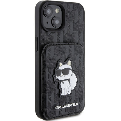 Husa pentru Apple iPhone 15, Karl Lagerfeld, Saffiano Cardslots and Stand Monogram Choupette, Neagra