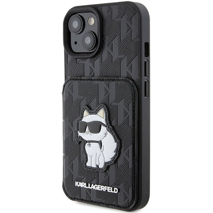 Husa pentru Apple iPhone 15, Karl Lagerfeld, Saffiano Cardslots and Stand Monogram Choupette, Neagra