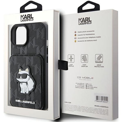 Husa pentru Apple iPhone 15, Karl Lagerfeld, Saffiano Cardslots and Stand Monogram Choupette, Neagra