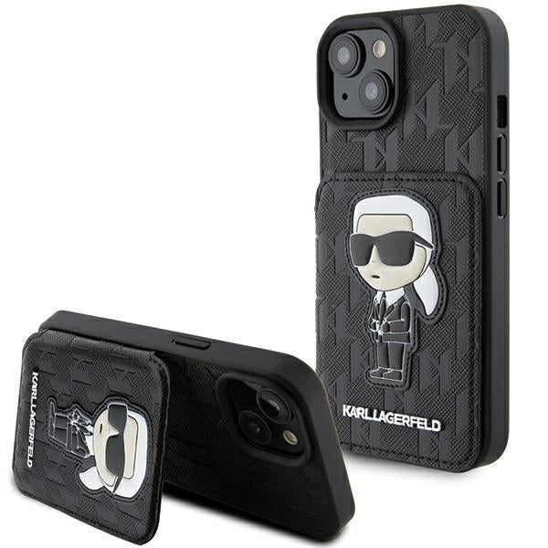 Husa pentru Apple iPhone 15, Karl Lagerfeld, Saffiano Cardslots and Stand Monogram Ikonik Karl, Neagra