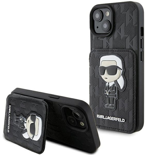 Husa pentru Apple iPhone 15, Karl Lagerfeld, Saffiano Cardslots and Stand Monogram Ikonik Karl, Neagra