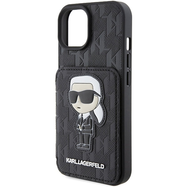 Husa pentru Apple iPhone 15, Karl Lagerfeld, Saffiano Cardslots and Stand Monogram Ikonik Karl, Neagra