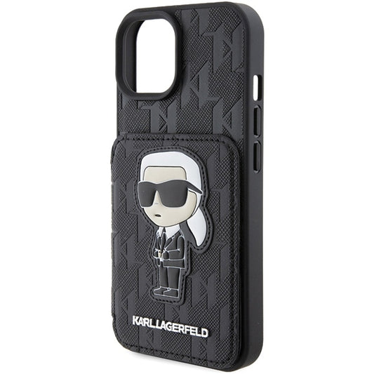 Husa pentru Apple iPhone 15, Karl Lagerfeld, Saffiano Cardslots and Stand Monogram Ikonik Karl, Neagra