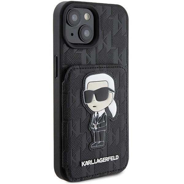 Husa pentru Apple iPhone 15, Karl Lagerfeld, Saffiano Cardslots and Stand Monogram Ikonik Karl, Neagra
