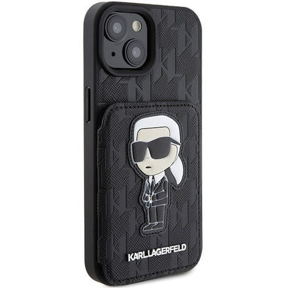 Husa pentru Apple iPhone 15, Karl Lagerfeld, Saffiano Cardslots and Stand Monogram Ikonik Karl, Neagra
