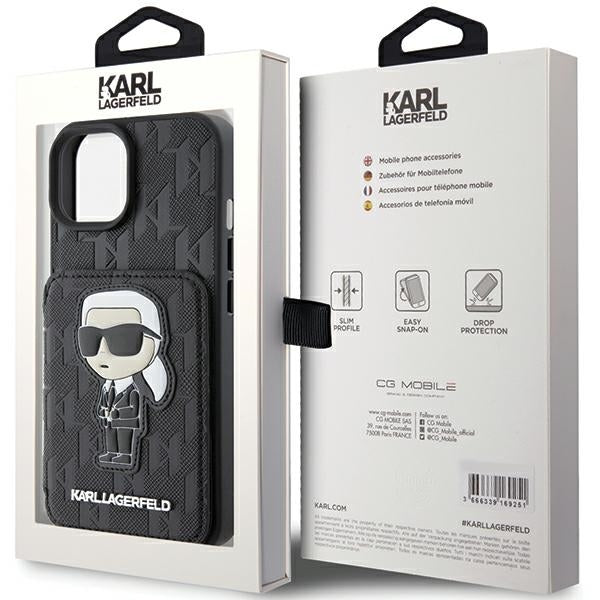 Husa pentru Apple iPhone 15, Karl Lagerfeld, Saffiano Cardslots and Stand Monogram Ikonik Karl, Neagra