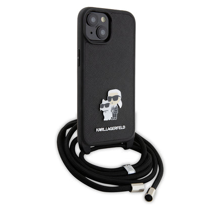 Husa pentru Apple iPhone 15, Karl Lagerfeld, Saffiano Crossbody Metal Pin Karl & Choupette, Neagra