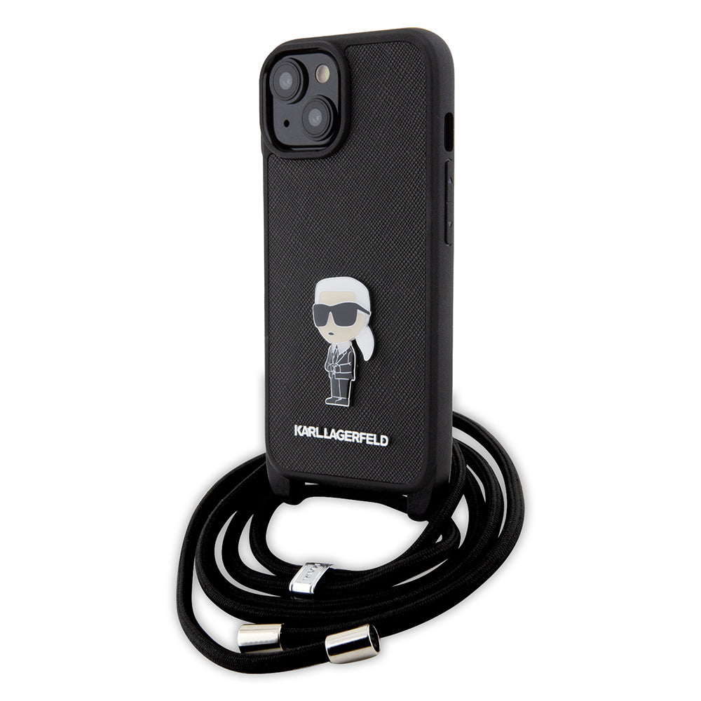 Husa pentru Apple iPhone 15, Karl Lagerfeld, Saffiano Crossbody Monogram Metal Pin Karl, Neagra
