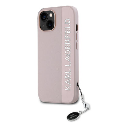 Husa pentru Apple iPhone 15, Karl Lagerfeld, Saffiano Rhinestones & Charm, Roz