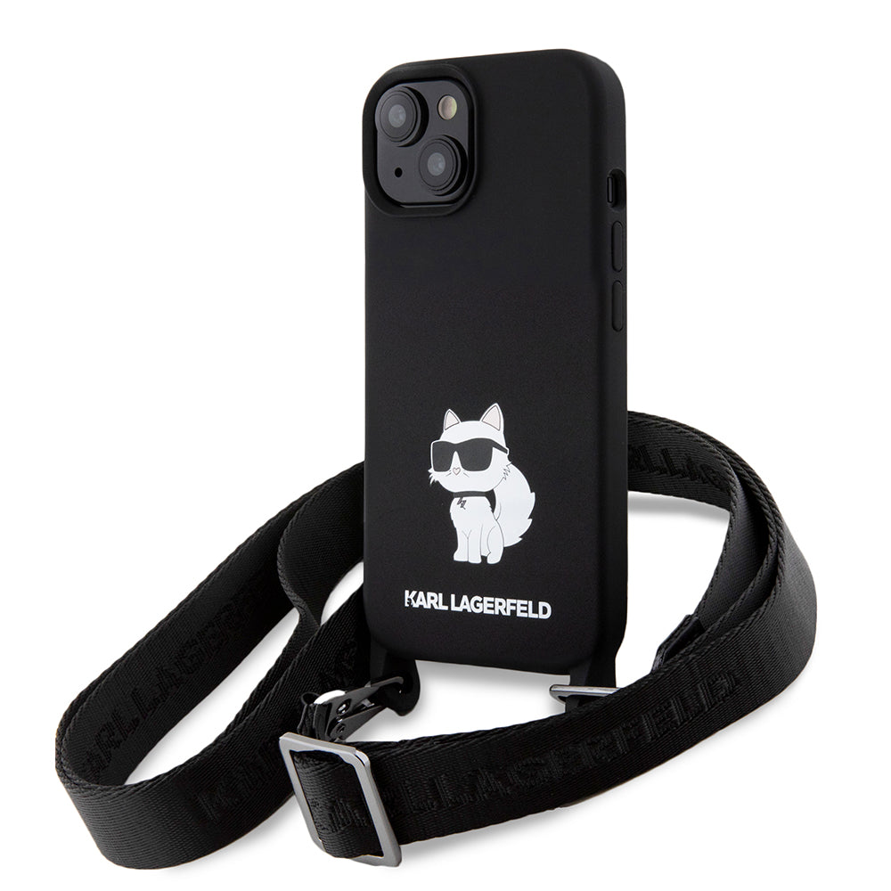 Husa pentru Apple iPhone 15, Karl Lagerfeld, Silicone Crossbody Choupette, Neagra