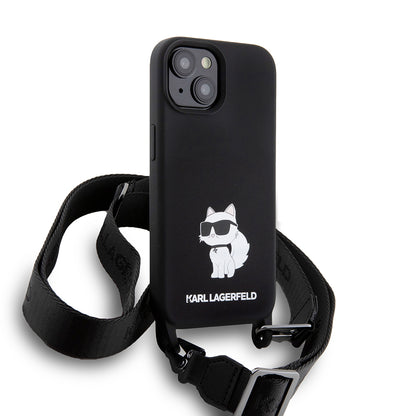 Husa pentru Apple iPhone 15, Karl Lagerfeld, Silicone Crossbody Choupette, Neagra
