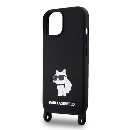 Husa pentru Apple iPhone 15, Karl Lagerfeld, Silicone Crossbody Choupette, Neagra