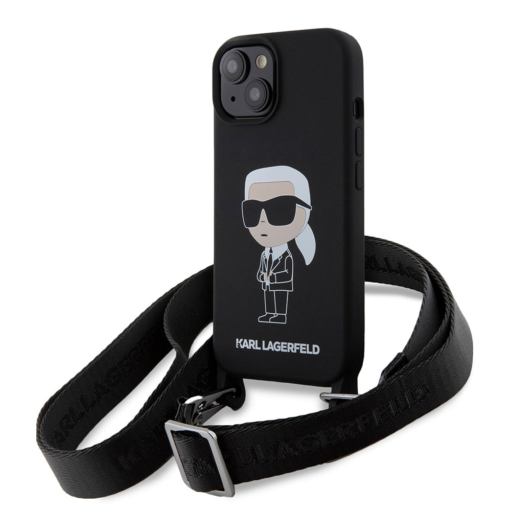 Husa pentru Apple iPhone 15, Karl Lagerfeld, Silicone Crossbody Ikonik Karl, Neagra