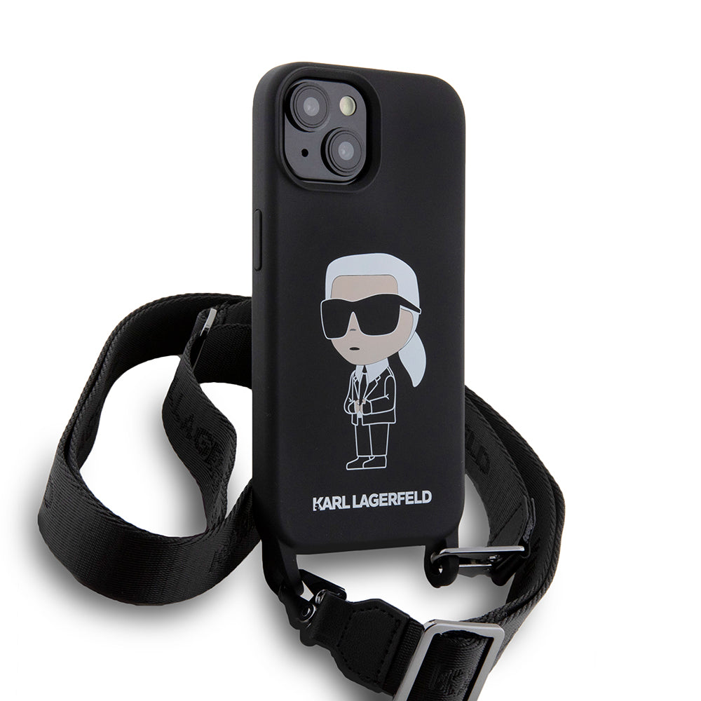 Husa pentru Apple iPhone 15, Karl Lagerfeld, Silicone Crossbody Ikonik Karl, Neagra
