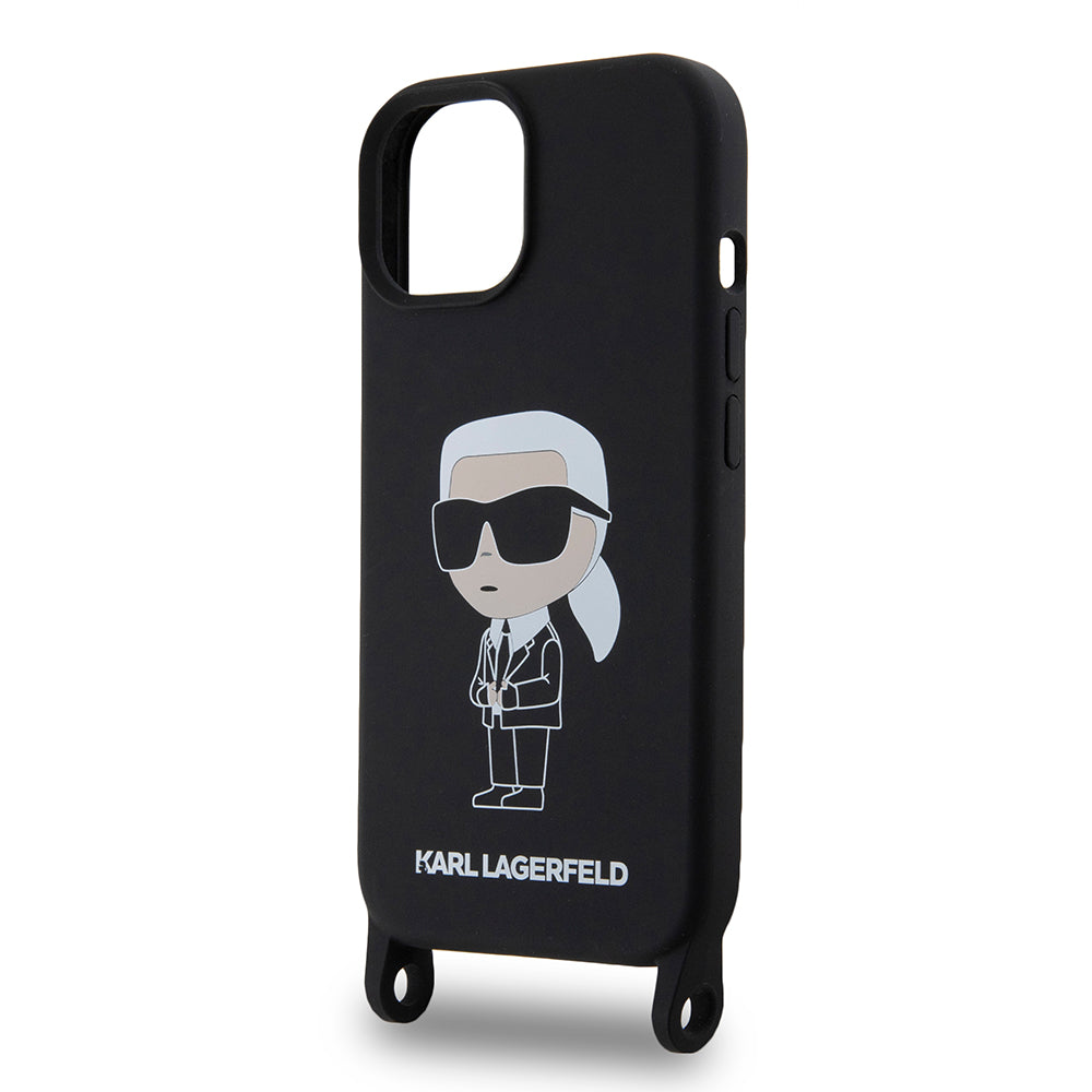 Husa pentru Apple iPhone 15, Karl Lagerfeld, Silicone Crossbody Ikonik Karl, Neagra