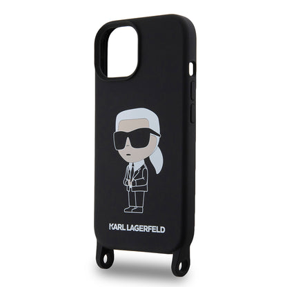 Husa pentru Apple iPhone 15, Karl Lagerfeld, Silicone Crossbody Ikonik Karl, Neagra