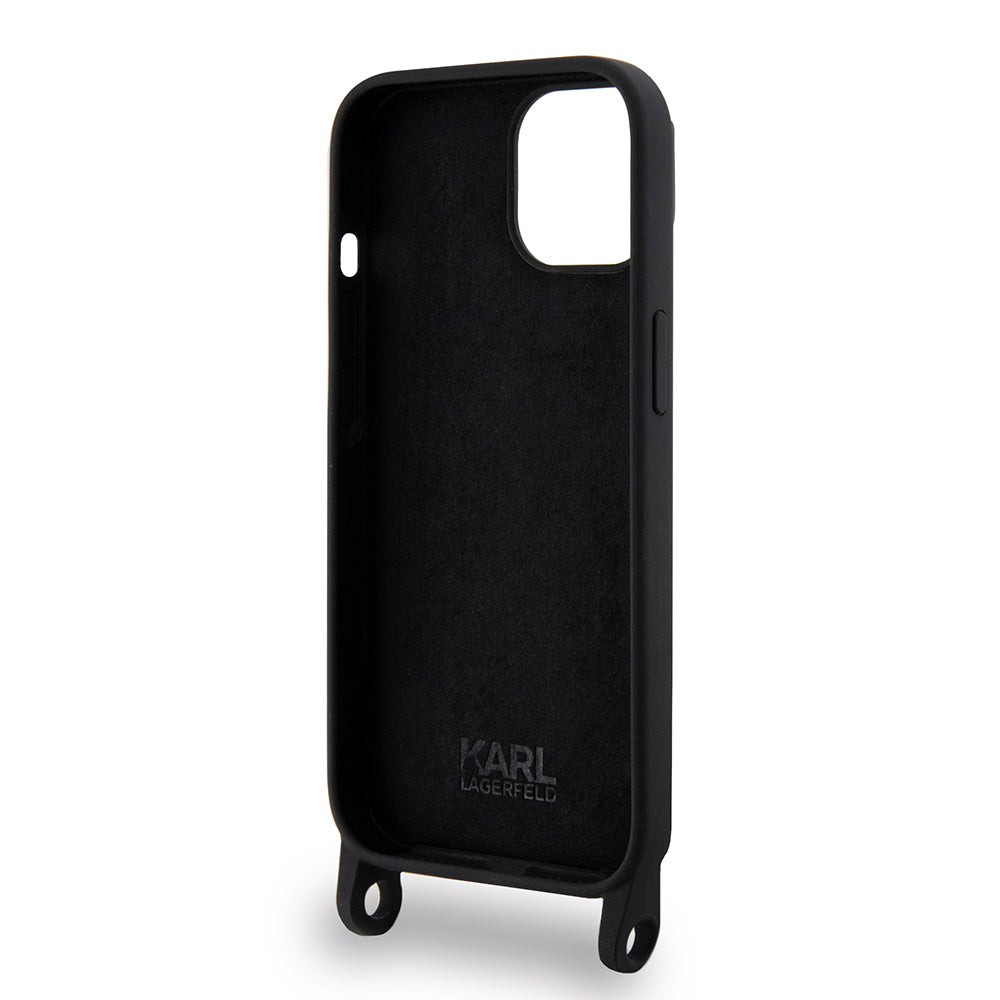 Husa pentru Apple iPhone 15, Karl Lagerfeld, Silicone Crossbody Ikonik Karl, Neagra