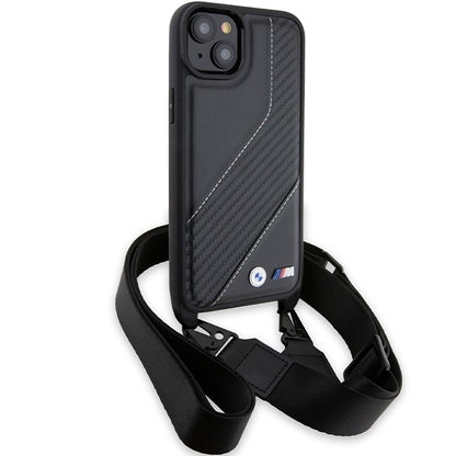 Husa pentru Apple iPhone 15 Plus, BMW, M Edition Carbon Stripe & Strap, Neagra