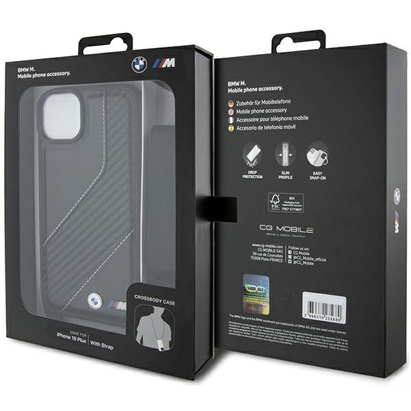 Husa pentru Apple iPhone 15 Plus, BMW, M Edition Carbon Stripe & Strap, Neagra