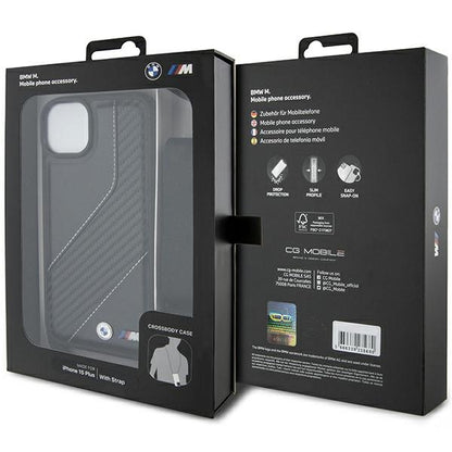 Husa pentru Apple iPhone 15 Plus, BMW, M Edition Carbon Stripe & Strap, Neagra