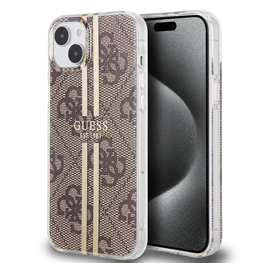 Husa pentru Apple iPhone 15 Plus, Guess, IML 4G Gold Stripe, Maro