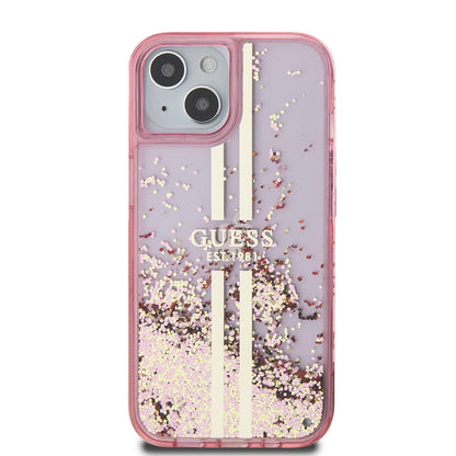 Husa pentru Apple iPhone 15 Plus, Guess, Liquid Glitter Gold Stripes, Roz