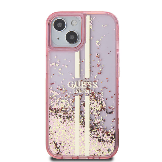 Husa pentru Apple iPhone 15 Plus, Guess, Liquid Glitter Gold Stripes, Roz