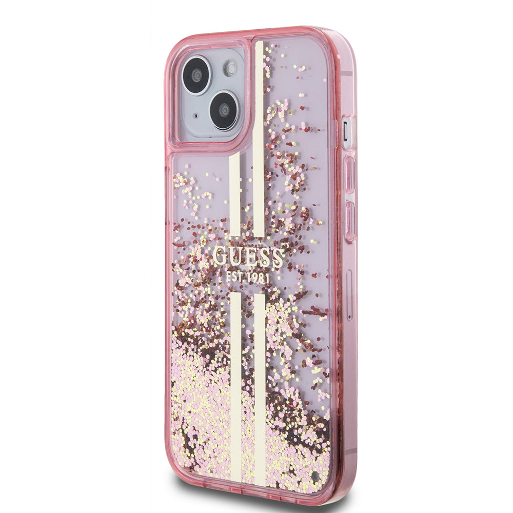 Husa pentru Apple iPhone 15 Plus, Guess, Liquid Glitter Gold Stripes, Roz
