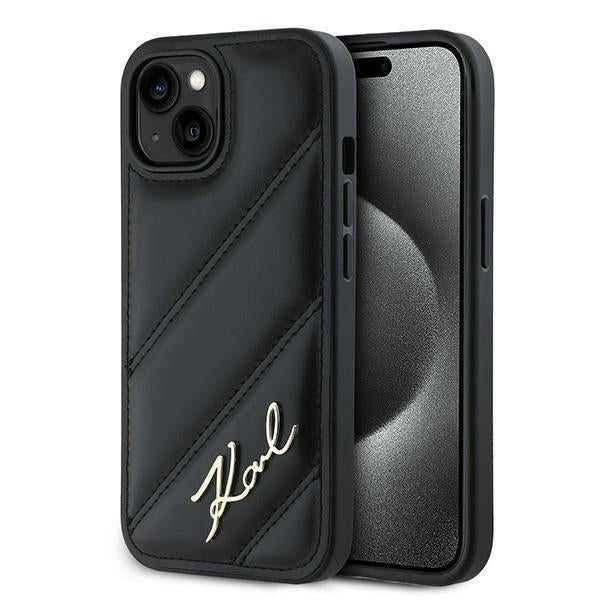 Husa pentru Apple iPhone 15 Plus, Karl Lagerfeld, Diagonal Quilted Script, Neagra