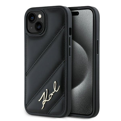 Husa pentru Apple iPhone 15 Plus, Karl Lagerfeld, Diagonal Quilted Script, Neagra