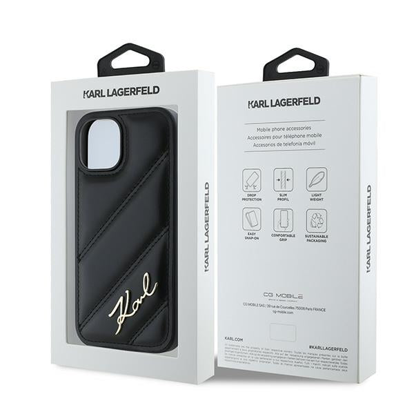Husa pentru Apple iPhone 15 Plus, Karl Lagerfeld, Diagonal Quilted Script, Neagra