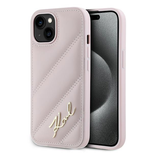 Husa pentru Apple iPhone 15 Plus, Karl Lagerfeld, Diagonal Quilted Script, Roz