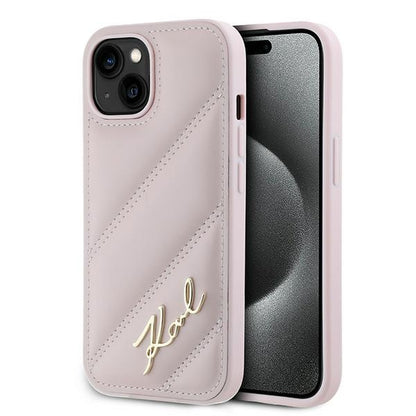 Husa pentru Apple iPhone 15 Plus, Karl Lagerfeld, Diagonal Quilted Script, Roz