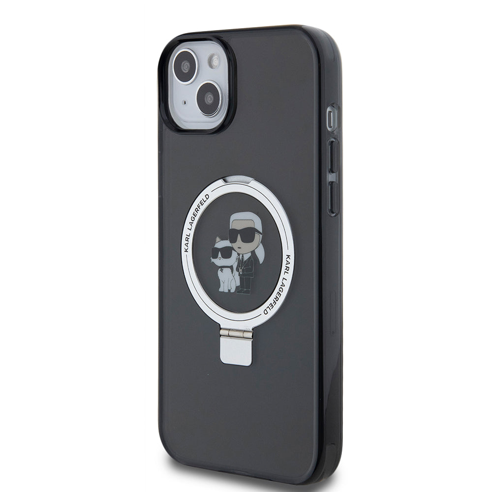Husa pentru Apple iPhone 15 Plus, Karl Lagerfeld, Ringstand Karl & Choupette, Neagra
