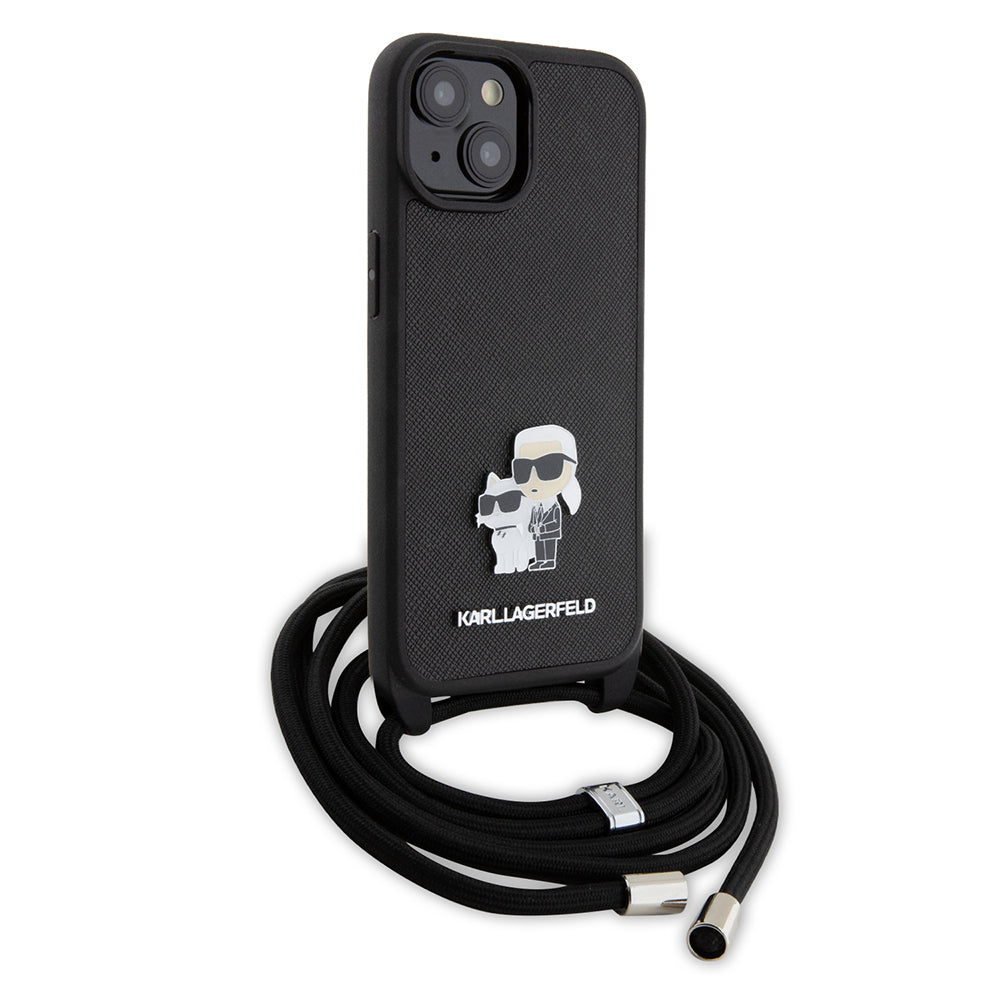 Husa pentru Apple iPhone 15 Plus, Karl Lagerfeld, Saffiano Crossbody Metal Pin Karl & Choupette, Neagra
