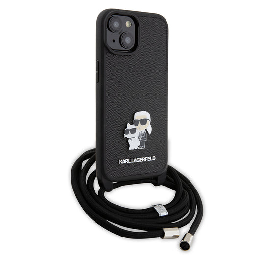 Husa pentru Apple iPhone 15 Plus, Karl Lagerfeld, Saffiano Crossbody Metal Pin Karl & Choupette, Neagra