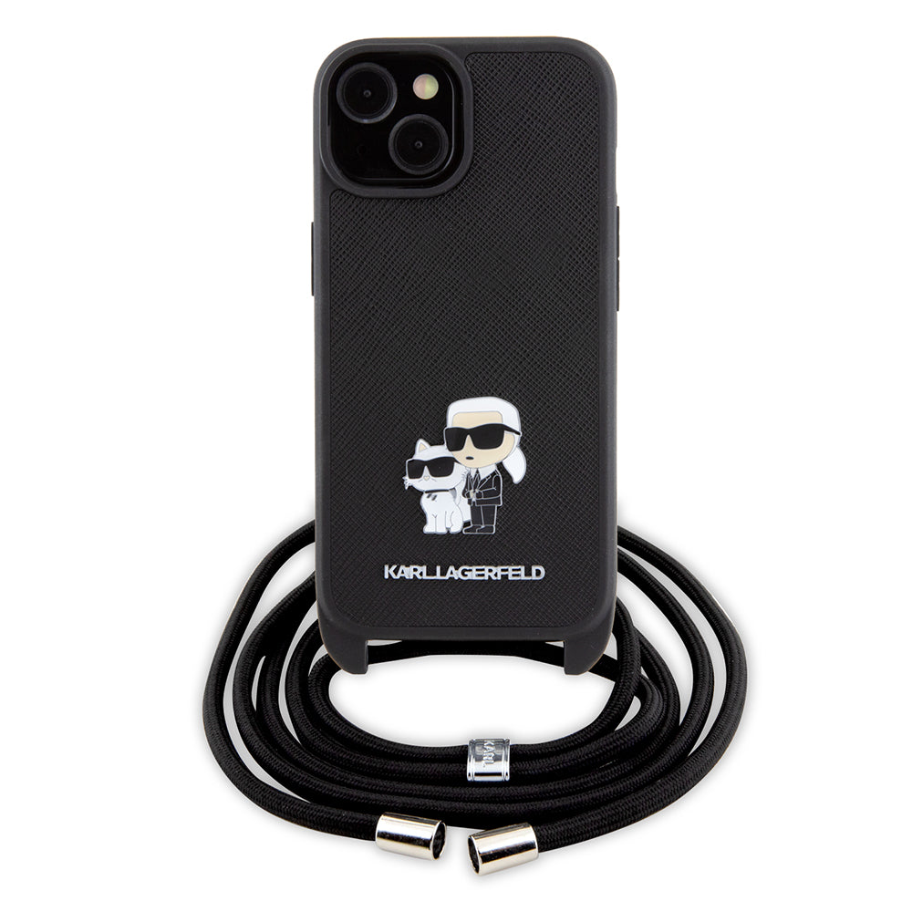 Husa pentru Apple iPhone 15 Plus, Karl Lagerfeld, Saffiano Crossbody Metal Pin Karl & Choupette, Neagra