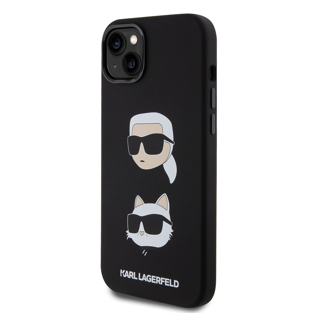 Husa pentru Apple iPhone 15 Plus, Karl Lagerfeld, Silicone Karl & Choupette's Heads, Neagra