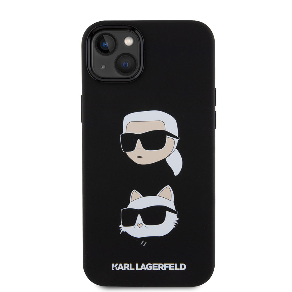 Husa pentru Apple iPhone 15 Plus, Karl Lagerfeld, Silicone Karl & Choupette's Heads, Neagra