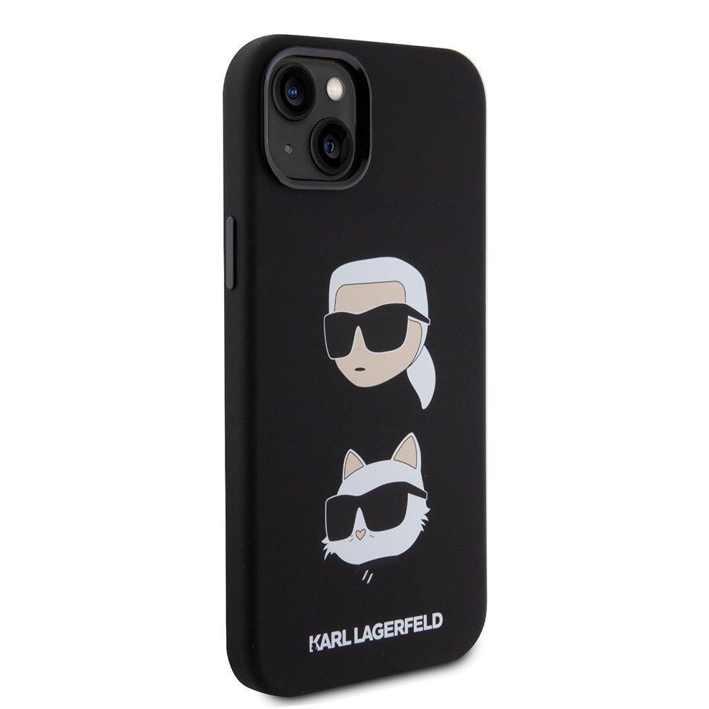 Husa pentru Apple iPhone 15 Plus, Karl Lagerfeld, Silicone Karl & Choupette's Heads, Neagra