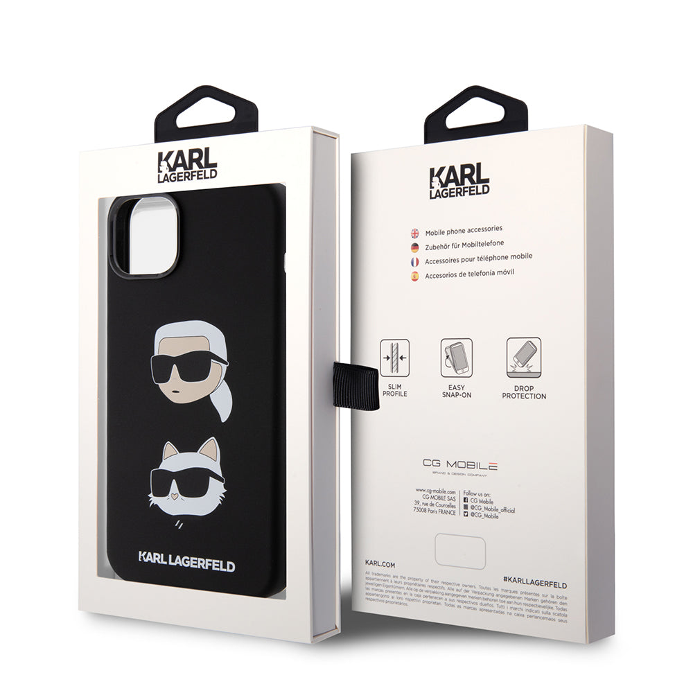 Husa pentru Apple iPhone 15 Plus, Karl Lagerfeld, Silicone Karl & Choupette's Heads, Neagra