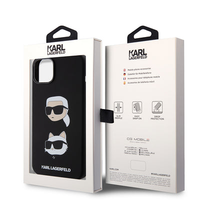 Husa pentru Apple iPhone 15 Plus, Karl Lagerfeld, Silicone Karl & Choupette's Heads, Neagra