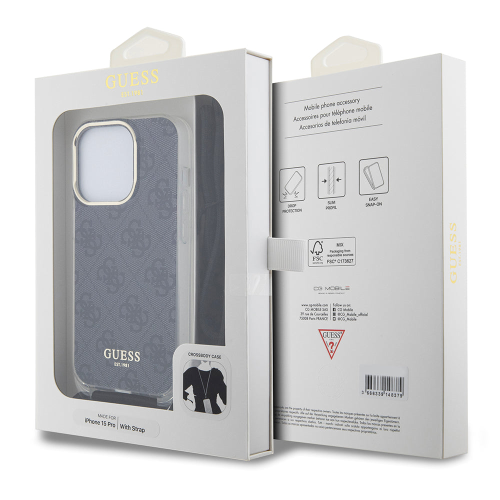 Husa pentru Apple iPhone 15 Pro, Guess, Crossbody Cord 4G Print, Neagra