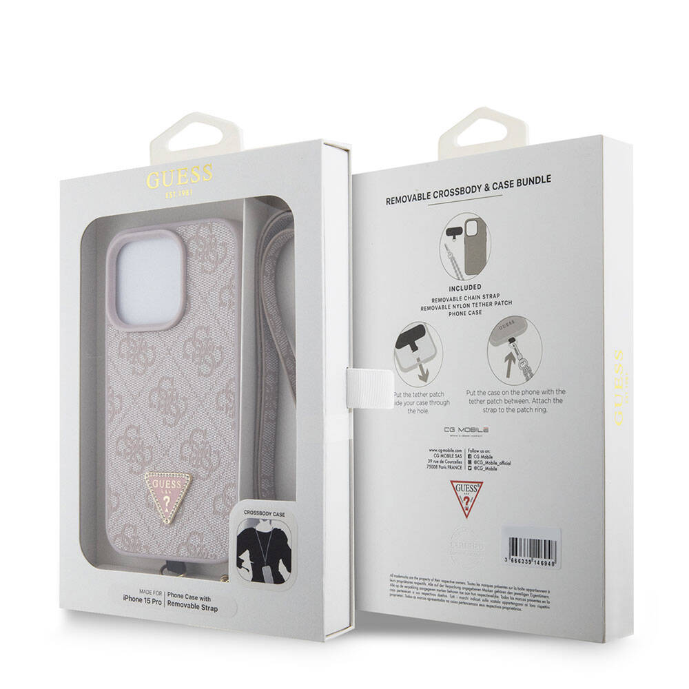 Husa pentru Apple iPhone 15 Pro, Guess, Crossbody 4G Metal Logo, Roz