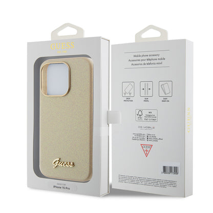 Husa pentru Apple iPhone 15 Pro, Guess, Glitter Glossy Script, Bej