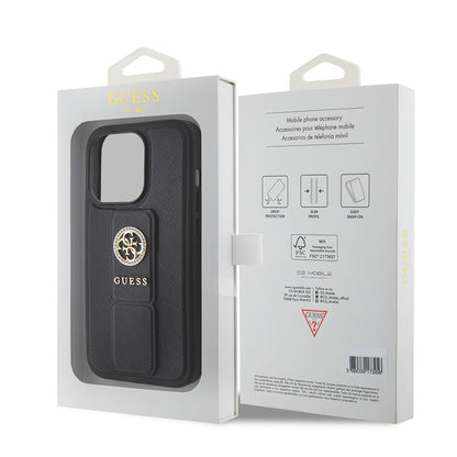 Husa pentru Apple iPhone 15 Pro, Guess, Grip Stand 4G Saffiano Strass, Neagra