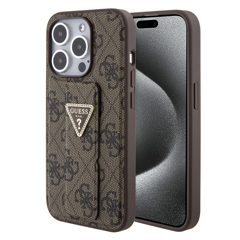Husa pentru Apple iPhone 15 Pro, Guess, Grip Stand 4G Triangle Strass, Maro