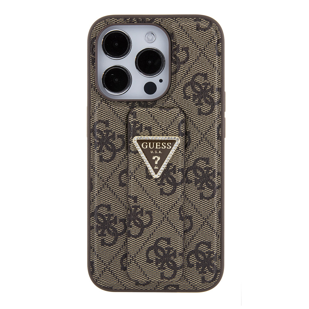 Husa pentru Apple iPhone 15 Pro, Guess, Grip Stand 4G Triangle Strass, Maro