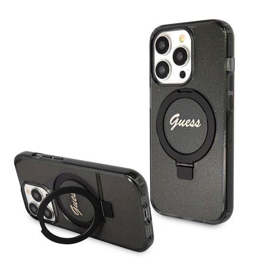Husa MagSafe pentru Apple iPhone 15 Pro, Guess, IML Ring Stand Glitter, Neagra